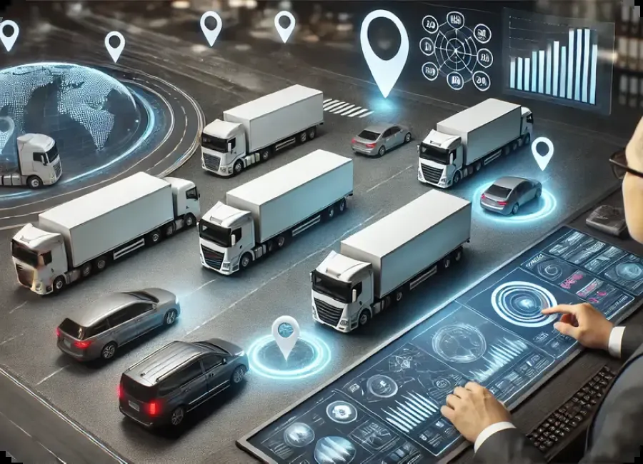 Fleet telematics dashboard tracking trucks on a map