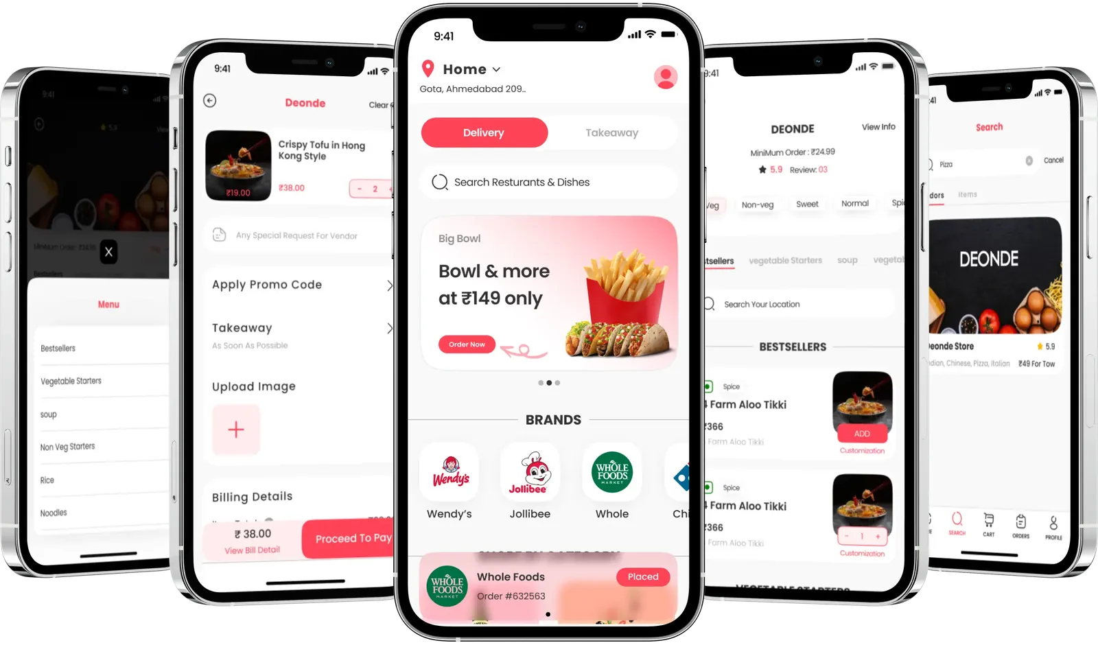 Food delivery app screens for ordering, offers and checkout