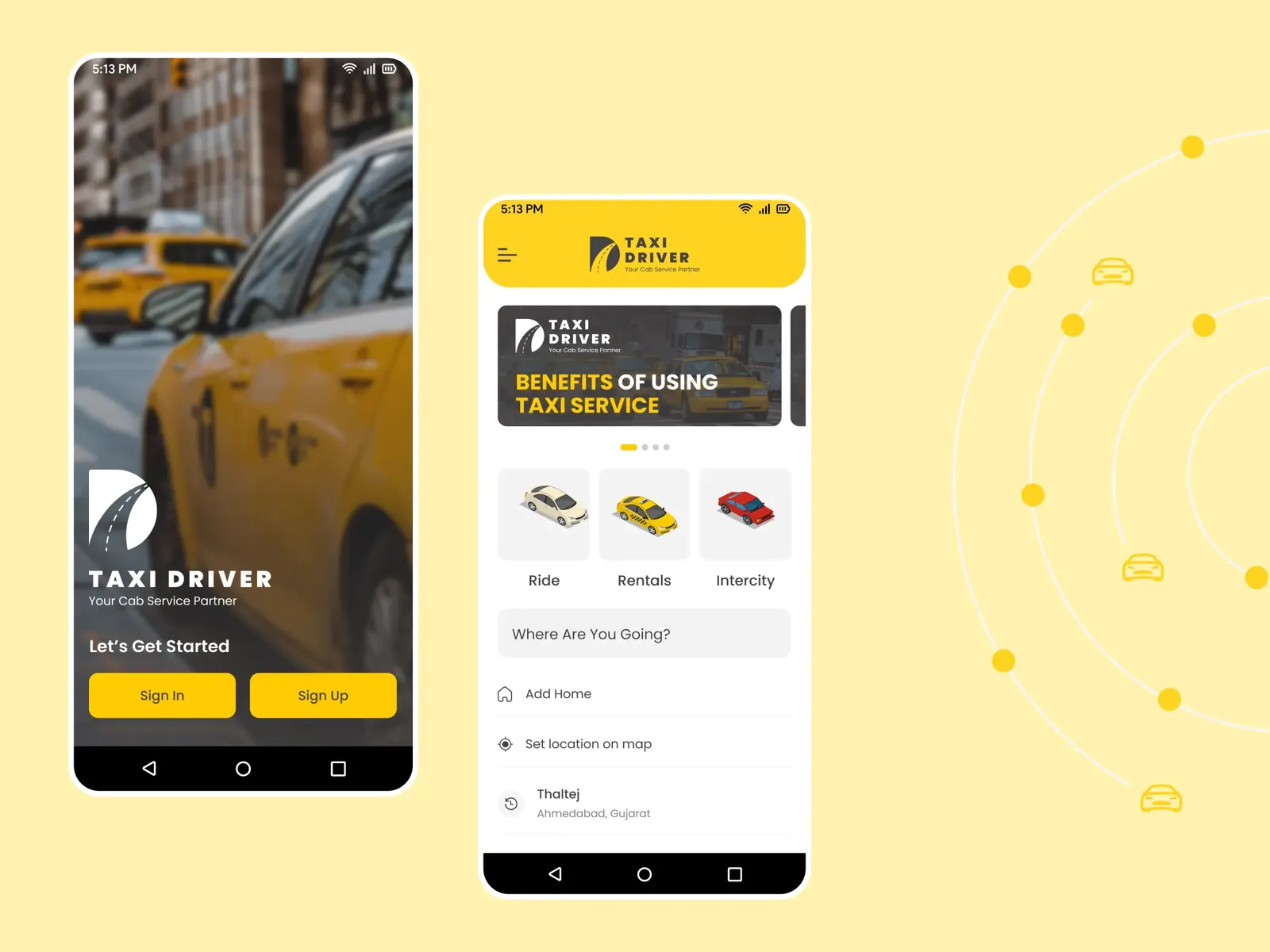 Taxi booking app welcome and booking screens